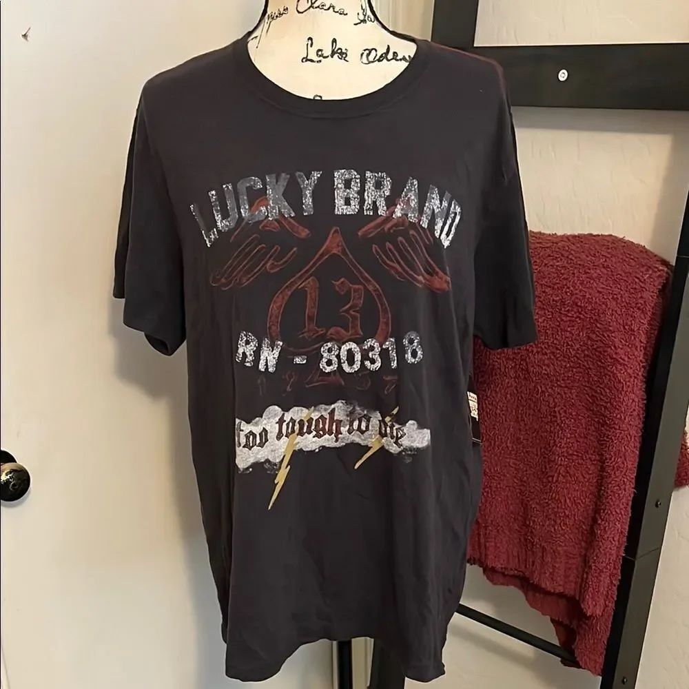 Lucky Brand Too Tough To Die Gray Distressed Graphic Pullover T-Shirt Casual